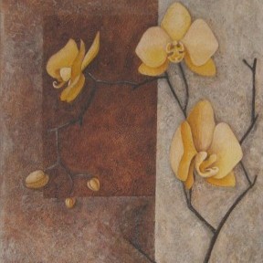 Acrylbild einer weissen Iris vot rostfarbenem Hintergrund nit goldener Schrift und goldenen Akzenten